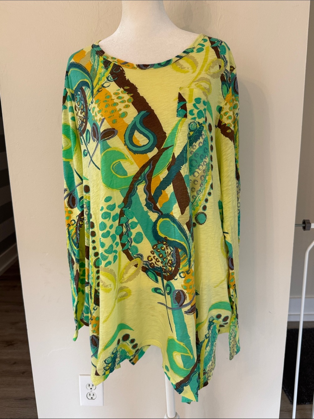 Fresh Produce Tunic Womens 1X 100% Cotton Yellow Turquoise Twin Peaks T Shirt